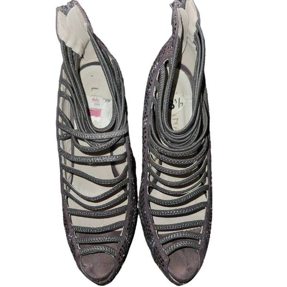 Liliana Pewter Multicolored Rhinestone Front Elastic Cutout Peep Toe Platform St - Picture 5 of 8